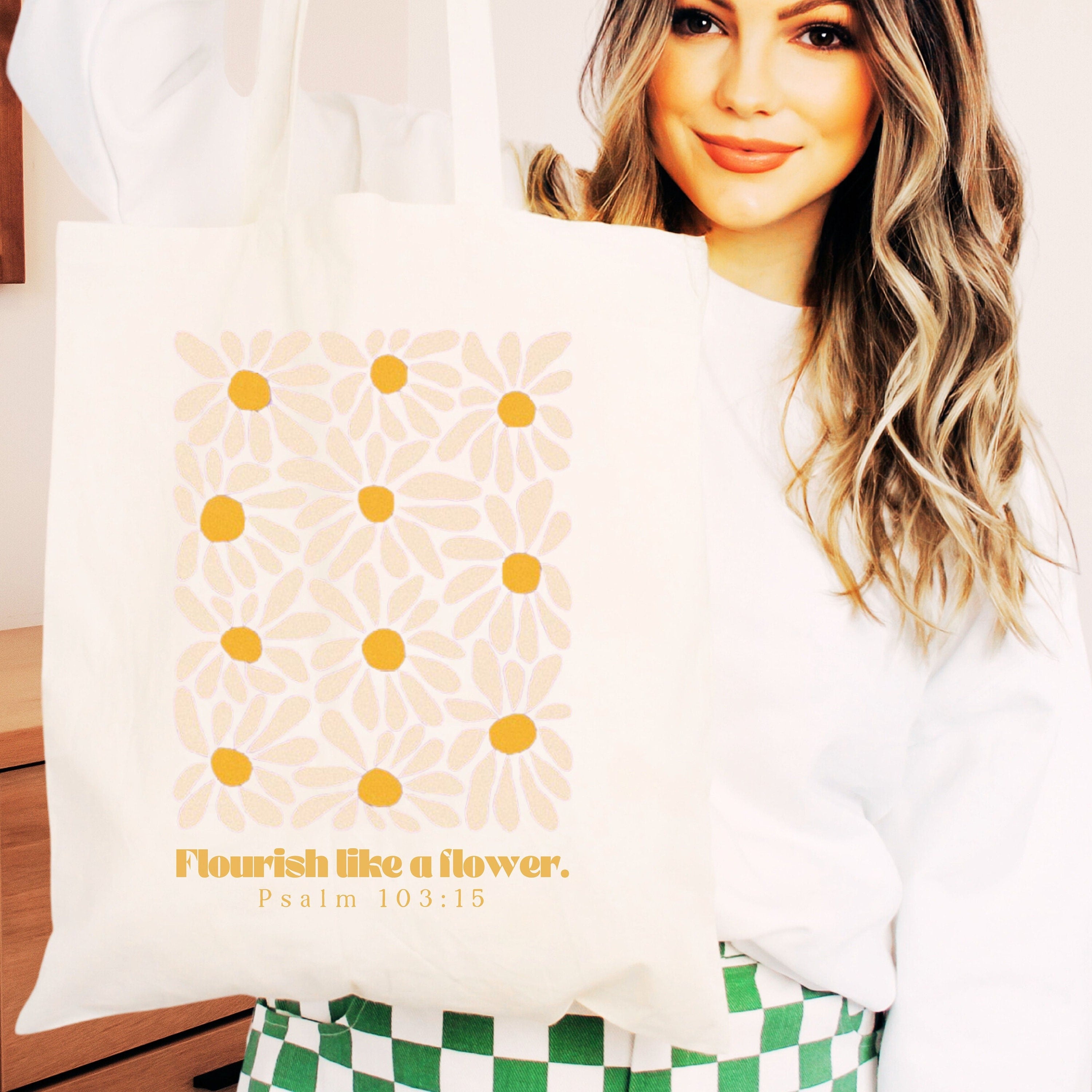 Flourish Like A Flower Psalm Tote Bag – Christian Canvas Bag – Bible Verse Tote – Faith-Based Gift – Religious Accessories – Christian Gift for Women